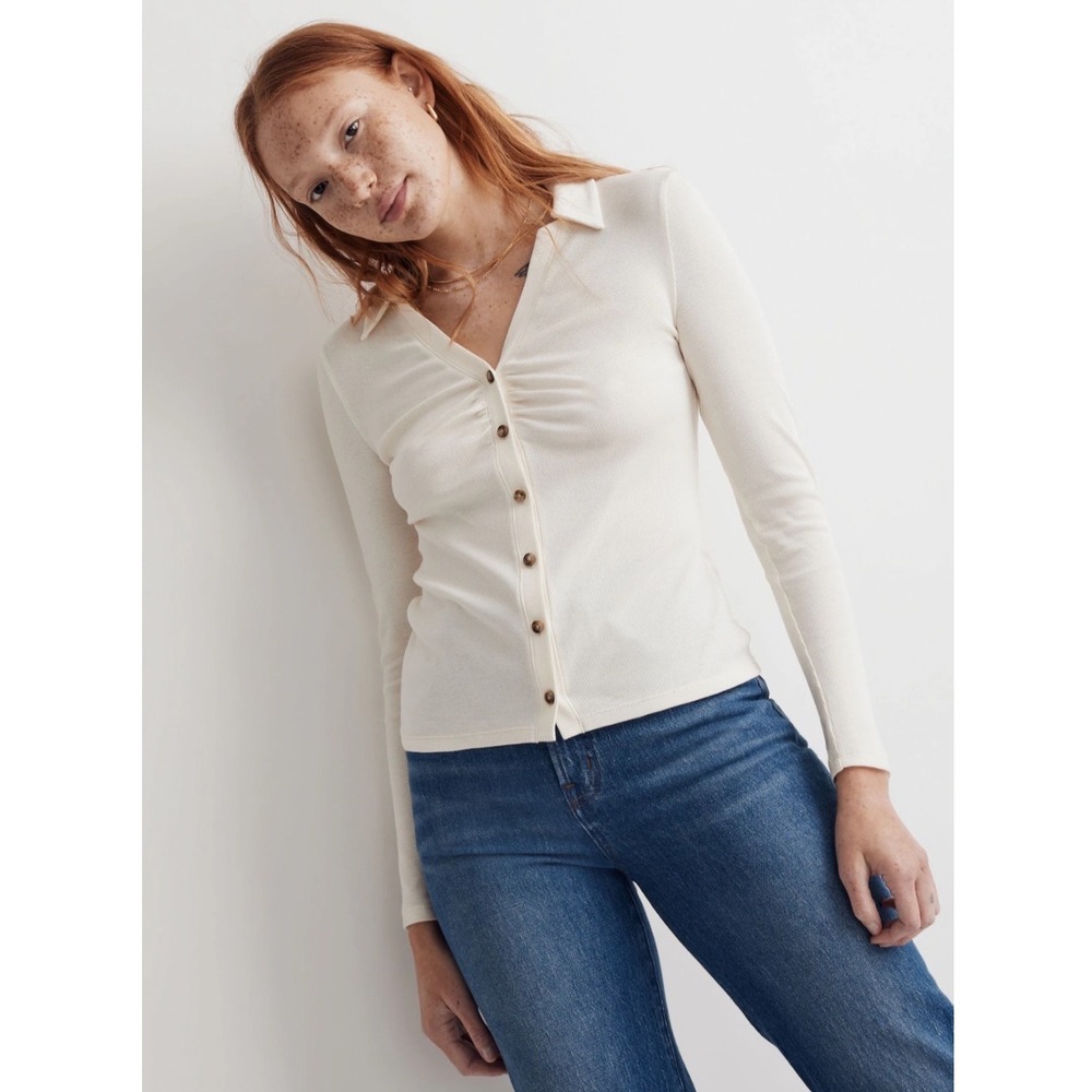 Madewell Ruched Polo Button Front Collared‎ Long Sleeve Top Cream Size M